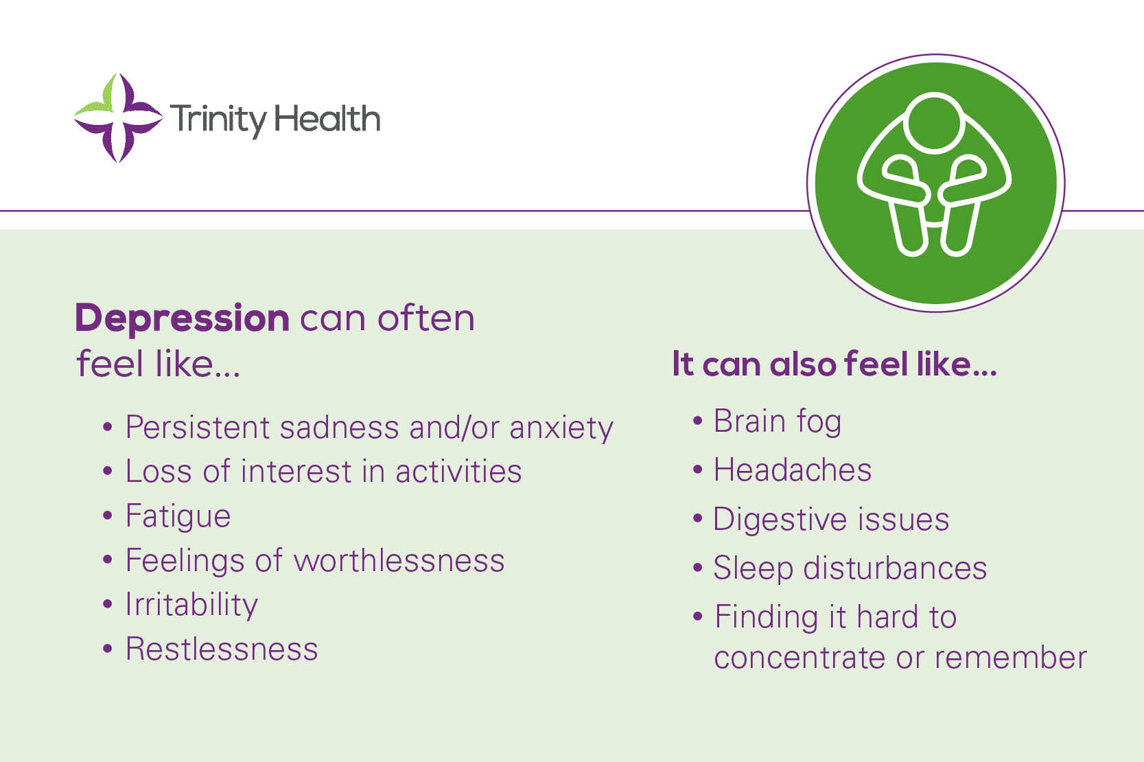 Infographic on depression by Trinity Health, listing symptoms such as sadness, fatigue, brain fog, headaches, and sleep disturbances, with a green icon displaying a person holding their head.