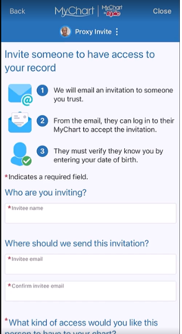 A screenshot of how to invite someone to MyChart